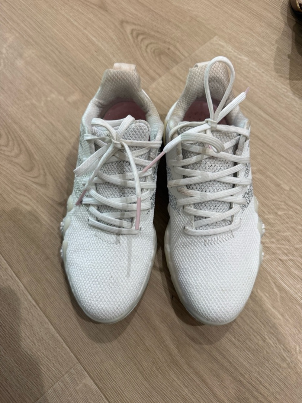 adidas White Knit Athletic Sneakers with Subtle Pink Accents boost